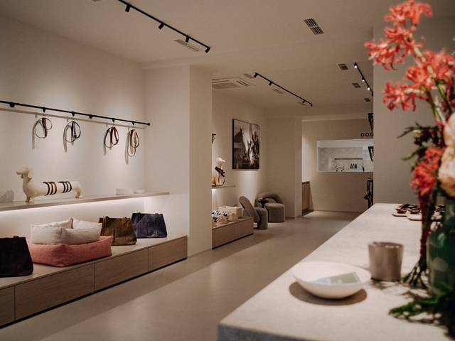 Raum mit Hundekörben und Leinen. Blumendeko an der Theke. Die Rezeption vom Hundespa. 